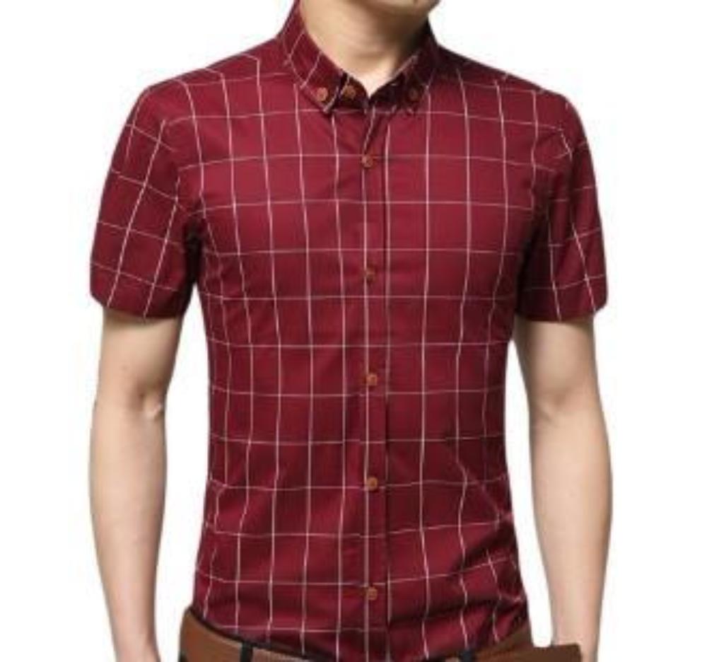 Navy Checkered Short Sleeve Button-Up Shirt for Men