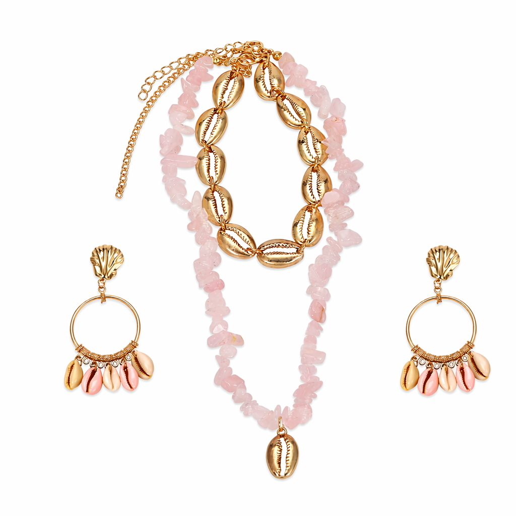 Layered Seashell Necklace and Earrings Set Pink