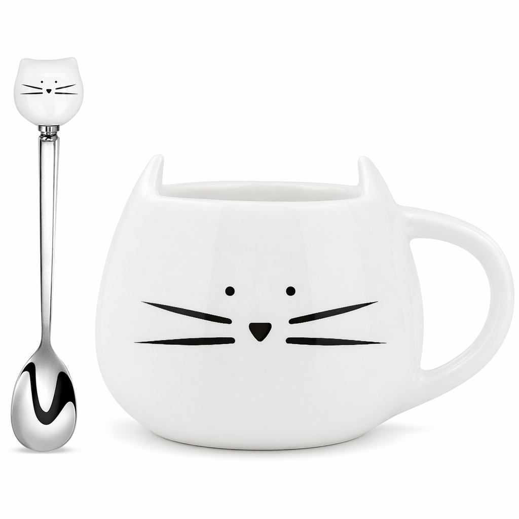 Adorable Ceramic Kitty Mug with Spoon White