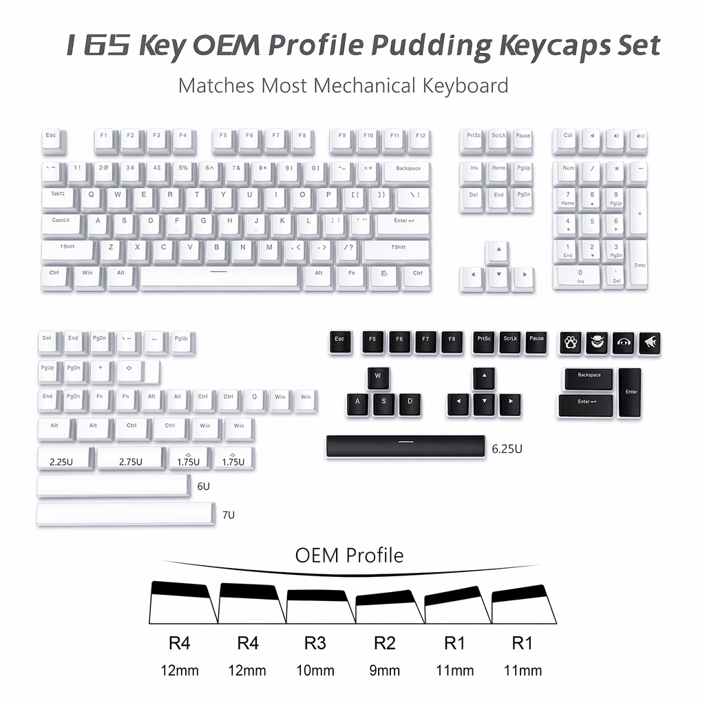 165-key set of Pudding-style keycaps for keyboards White