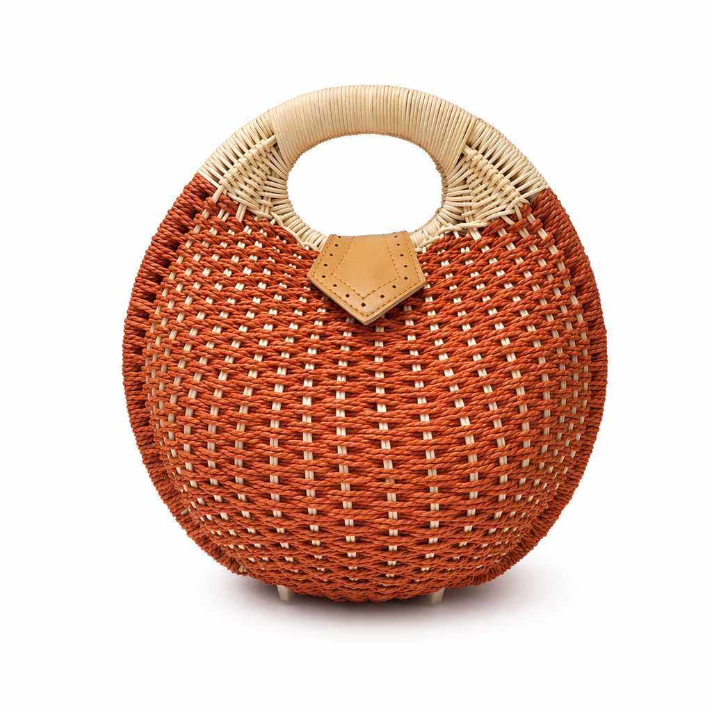 Round-Shaped Wicker Handbag with a Top Handle RED