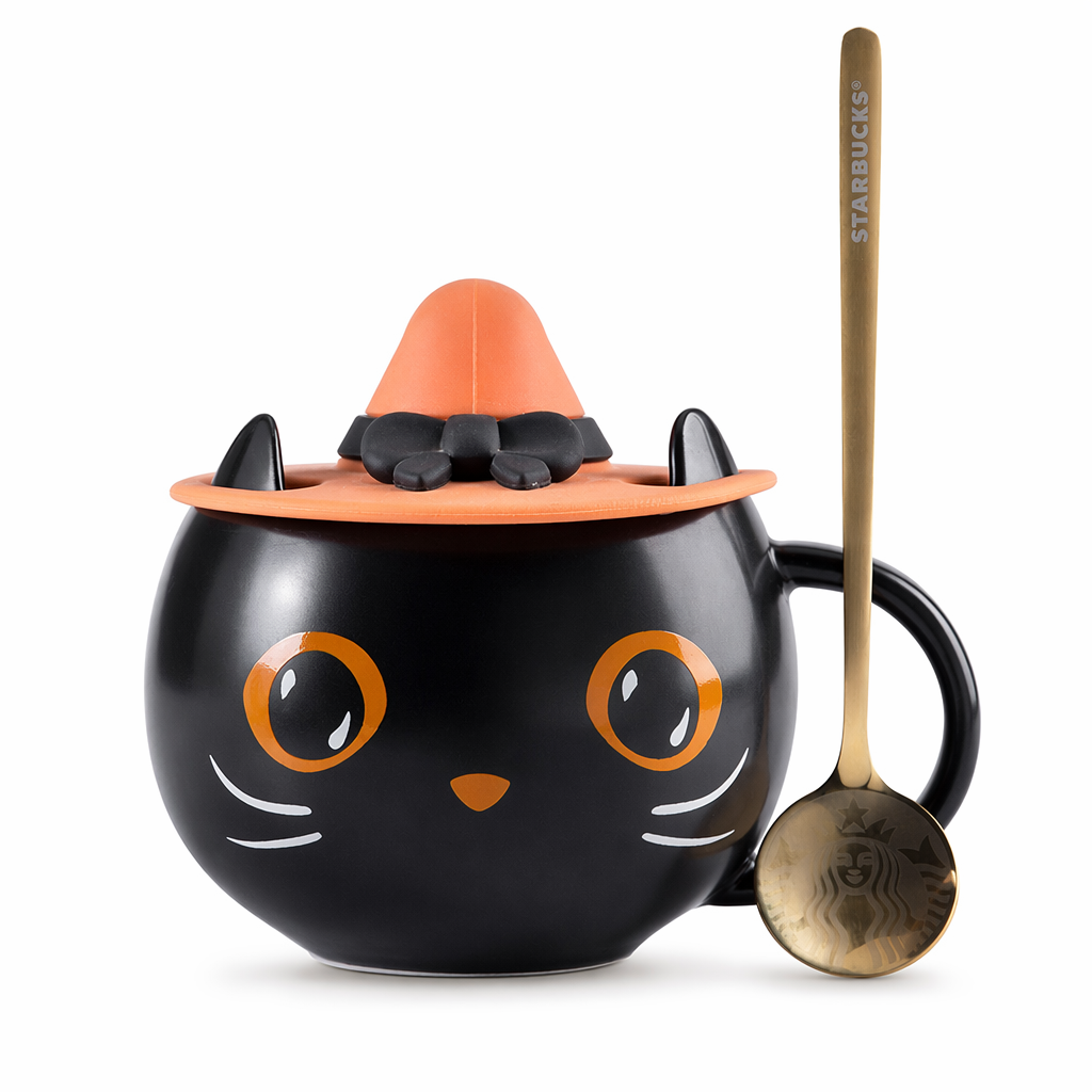 Pumpkin Cat Ceramic Mug - 400ml Capacity Black with spoon lid