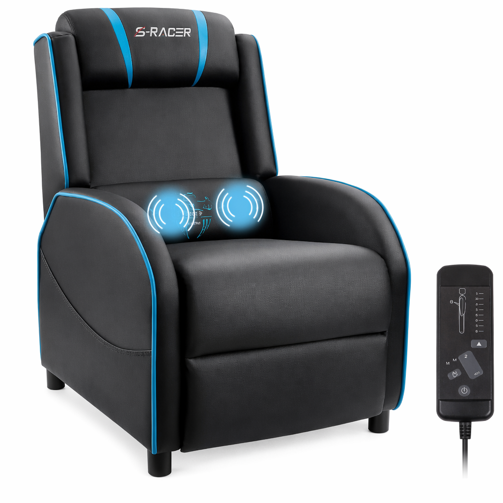 Massage Gaming Chair with Lumbar Support and Reclining Feature Blue