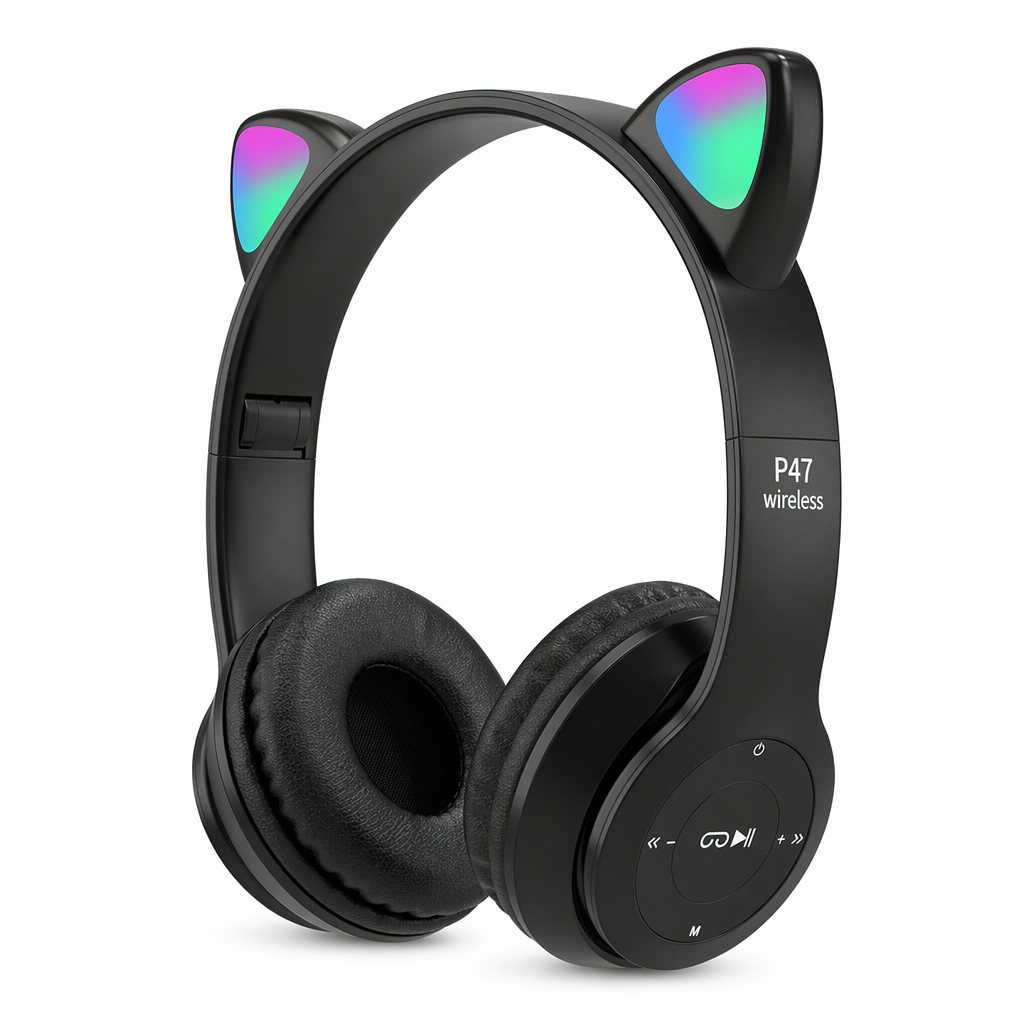 LED Bluetooth Headphones with Cat Ear Design Black
