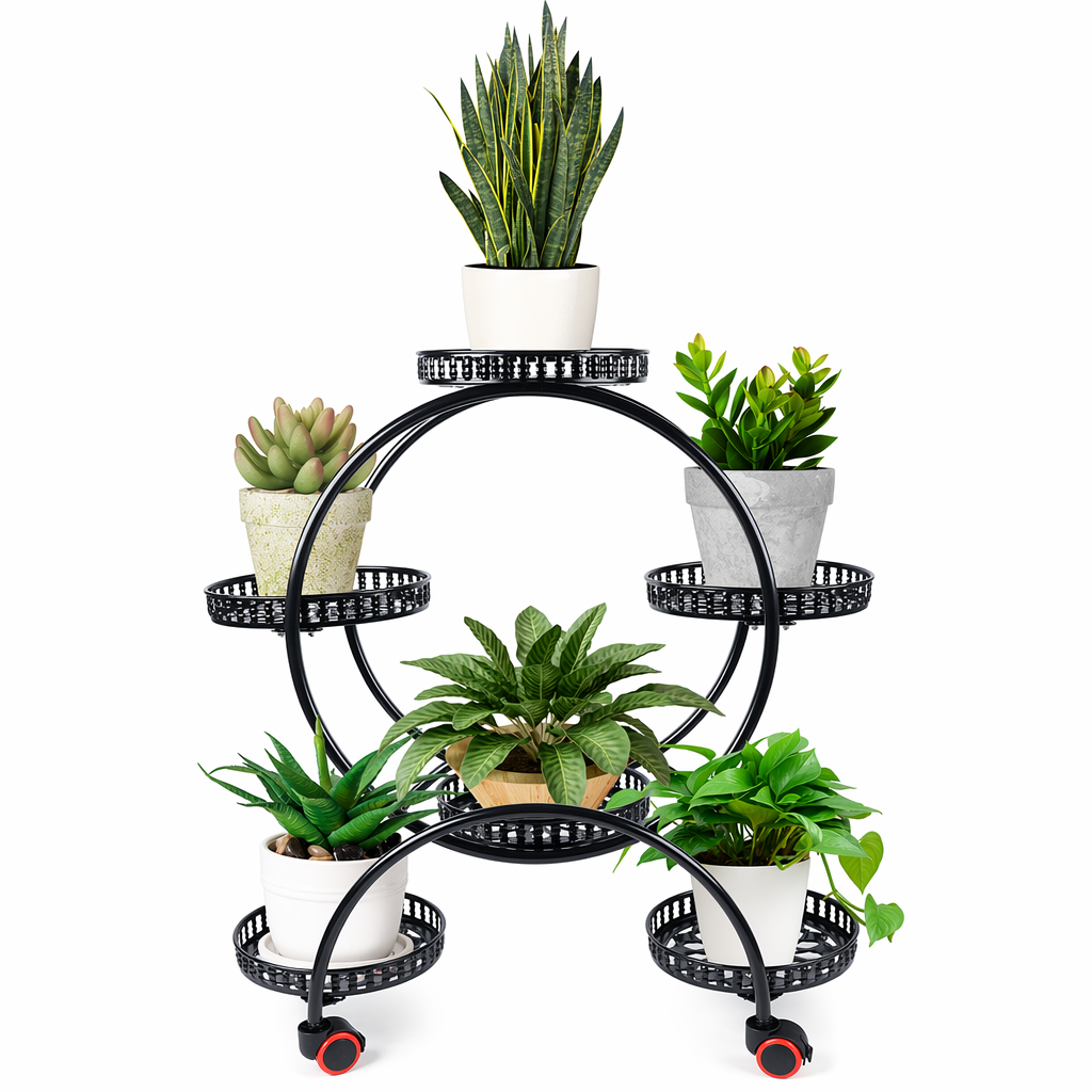 Metal Plant Stand with a Circle Design - 6 Pot Black