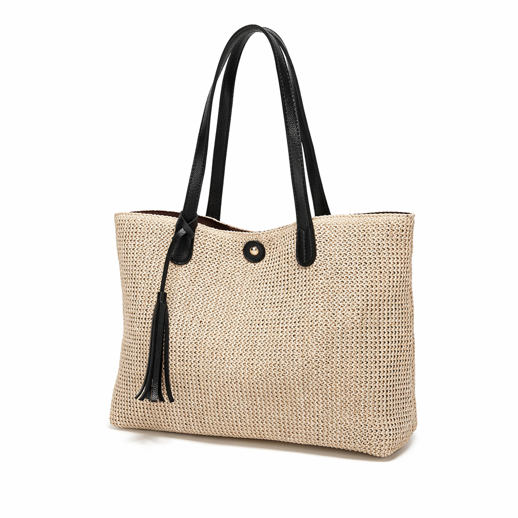 Vegan Leather Accented Tote Bag with Tassel Black