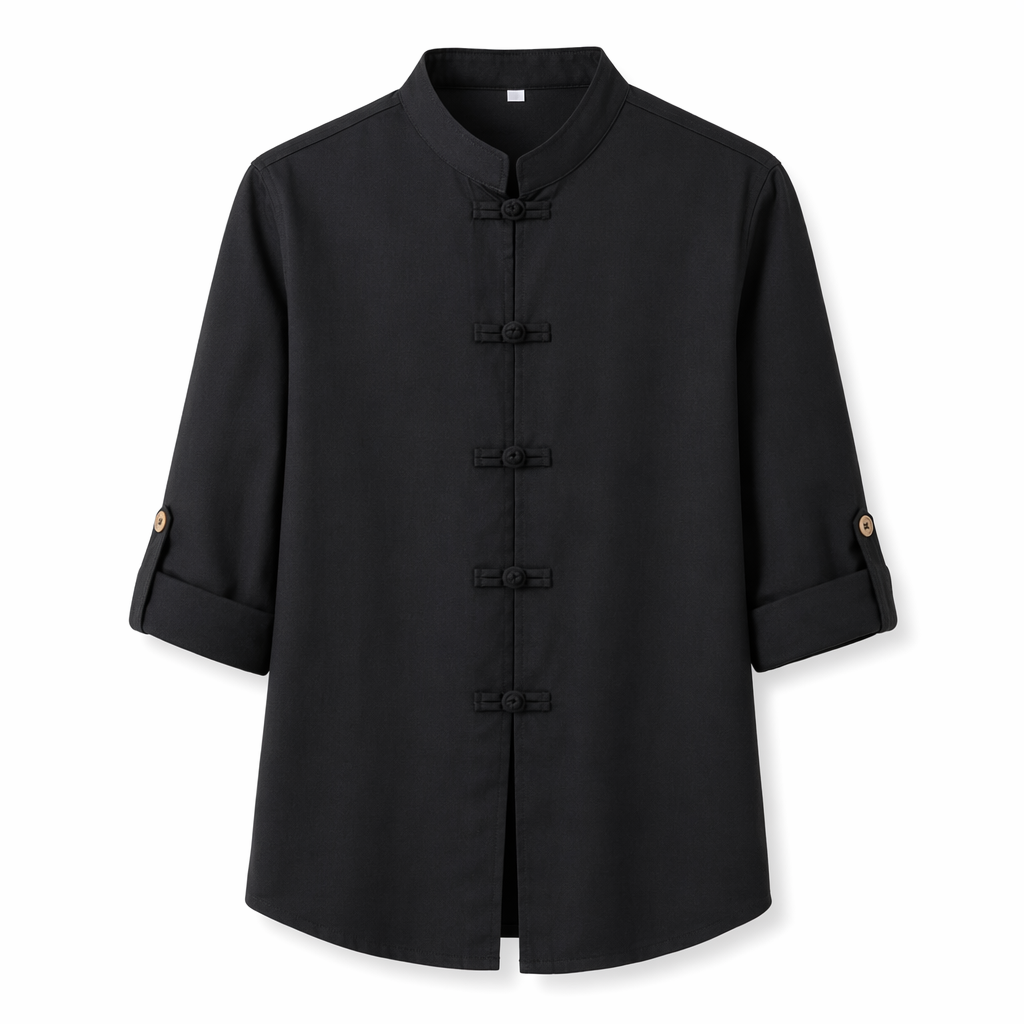Quarter Sleeve Men's Shirt with Stand Collar: A Clear Definition of Style Black