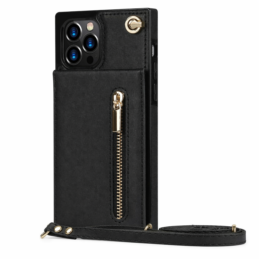Crossbody Strap Slim Wallet Case for iPhone Series with Zipper Closure Black