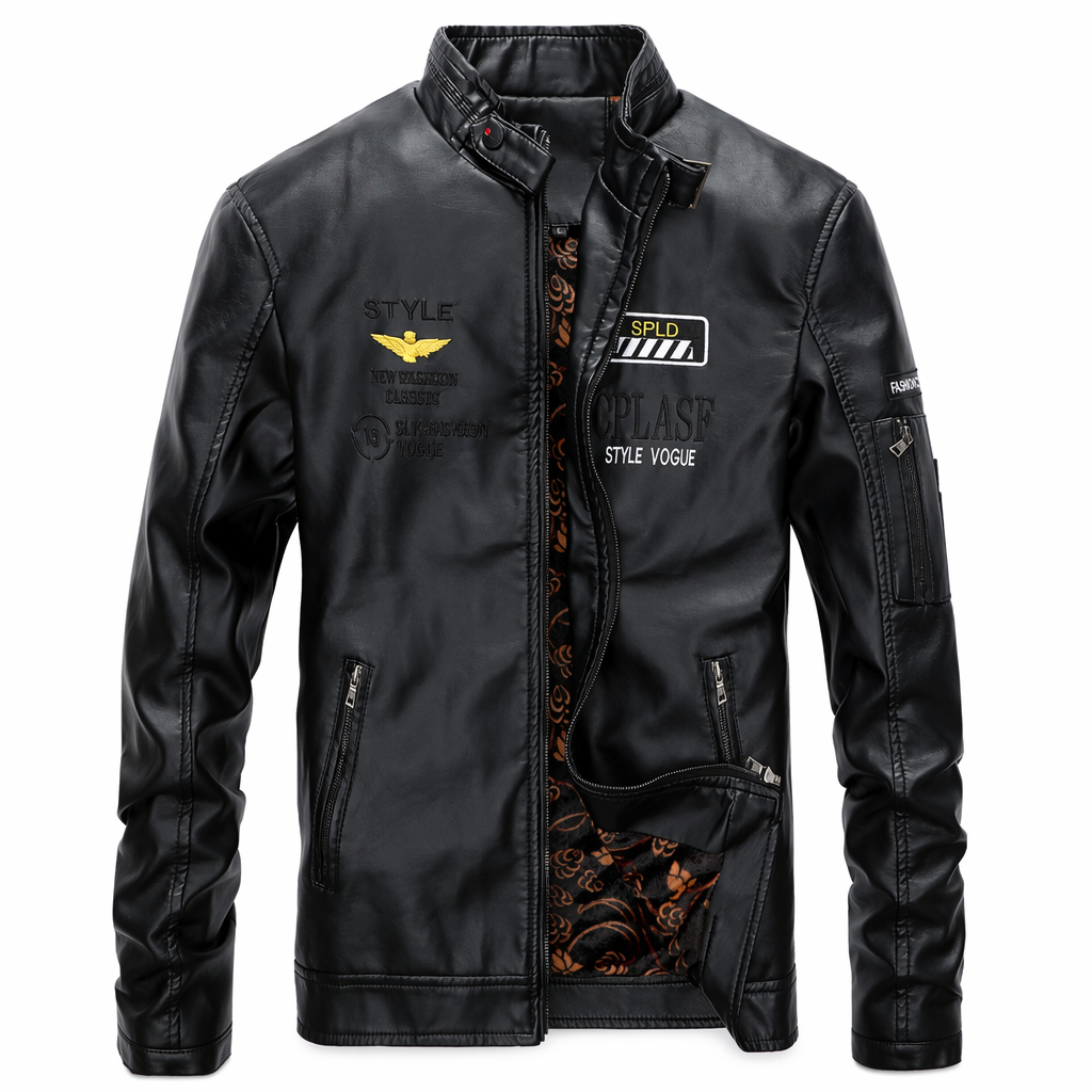 Vegan Leather Pilot Jacket with Stand Collar for Men Black