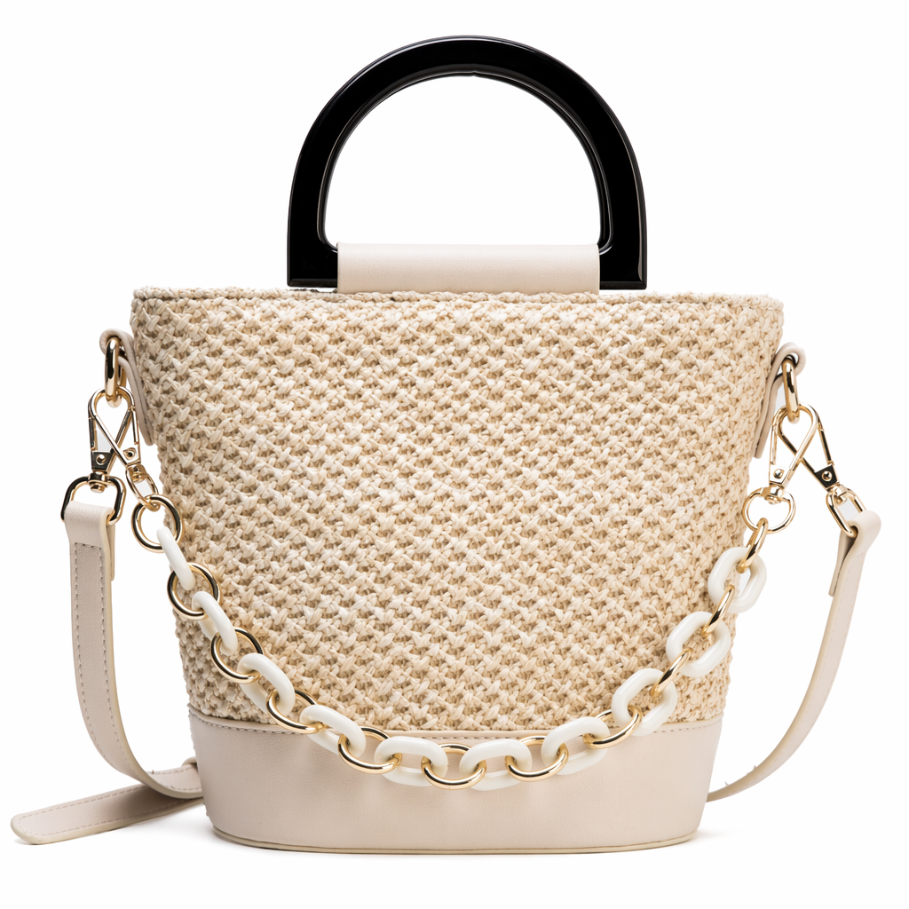Summer Straw Bag with Chain Accents: Embrace the Season in Style! Off White