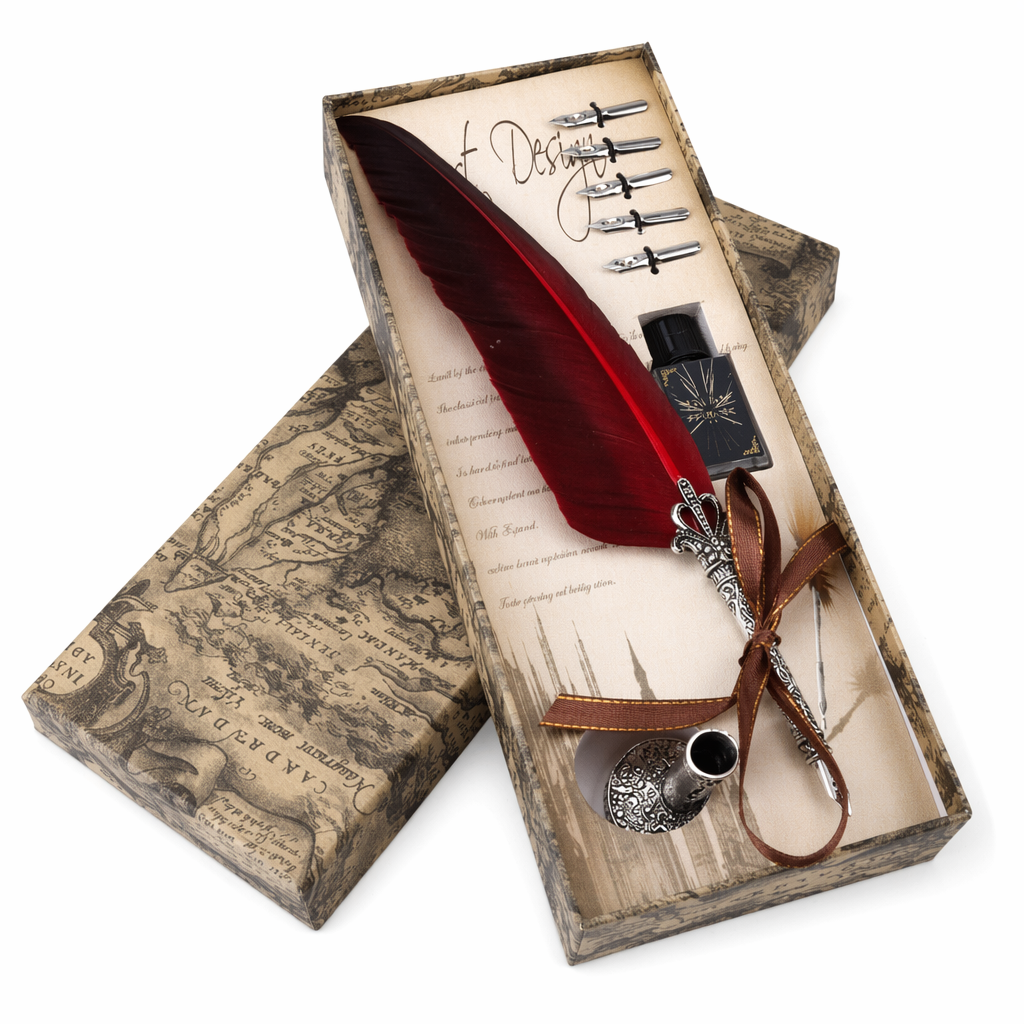 Antique Calligraphy Feather Quill Pen Set Red