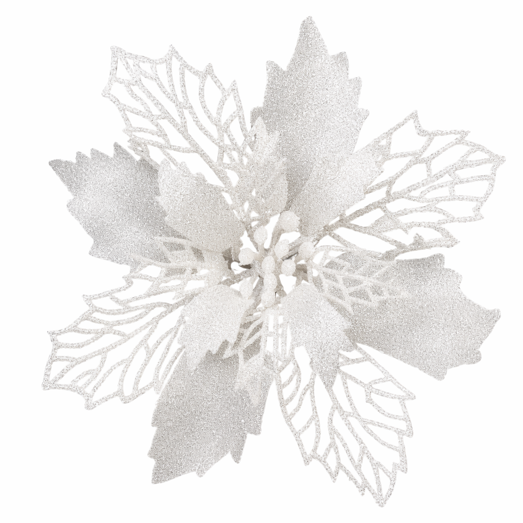 Set of 10 Glittery Flower Christmas Tree Ornaments White