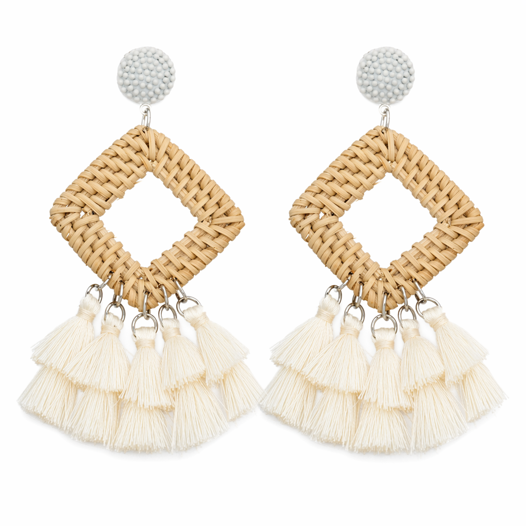 Tassel Rattan Dangle Earrings White