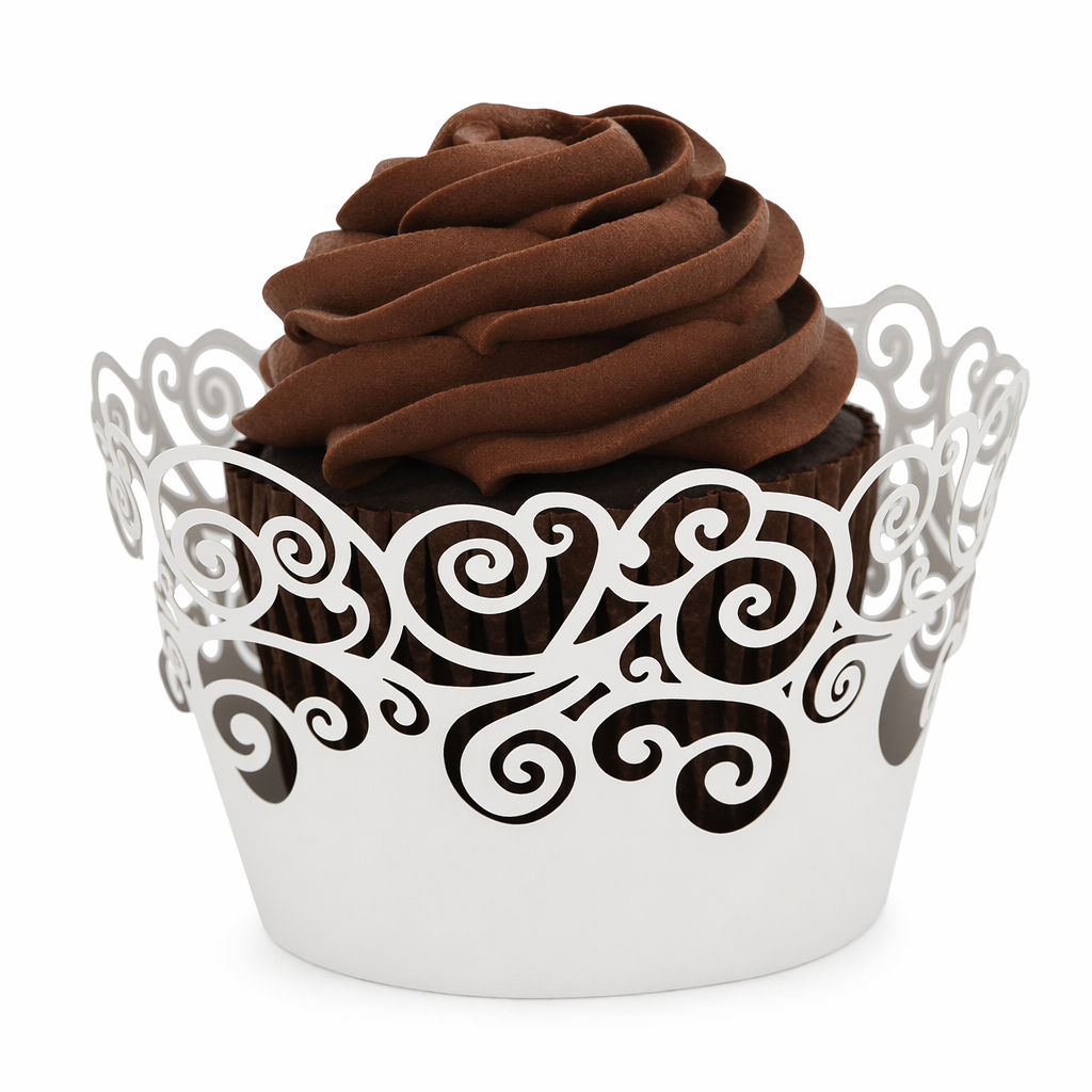 Set of 100 Lace Laser Cut Holders for Cupcakes and Muffins with Festive Design White