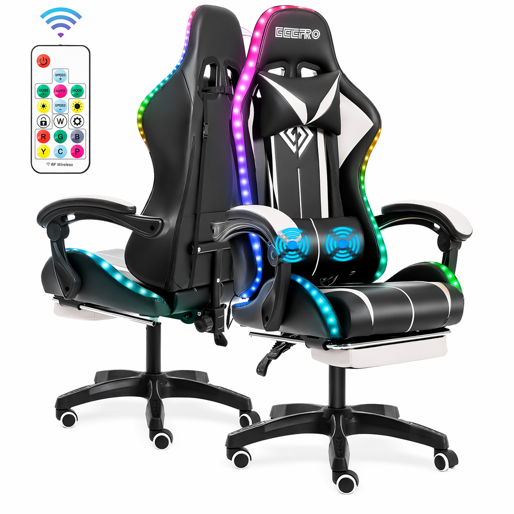 LED Gaming Chair with Built-In Footrest and Massaging Function White