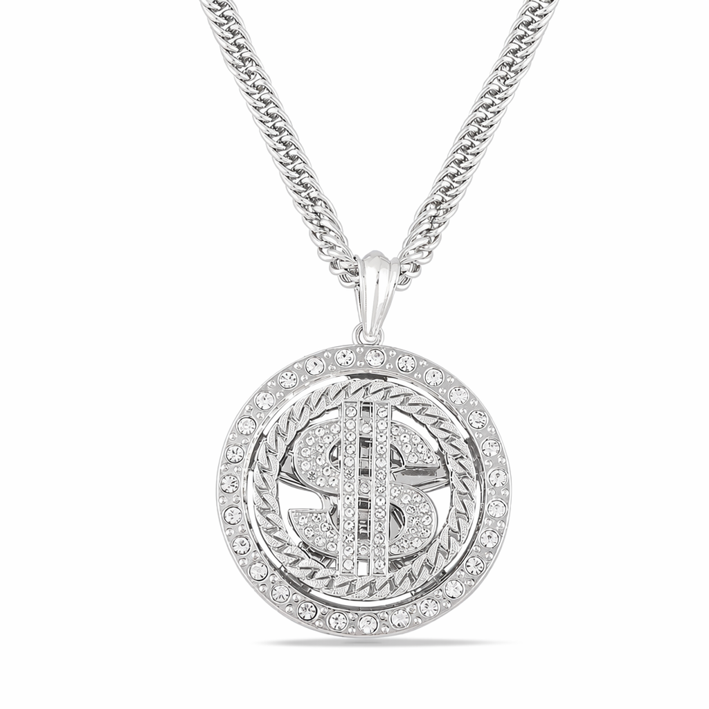 Rotating Dollar Sign Necklace with Hip Hop Style Silver
