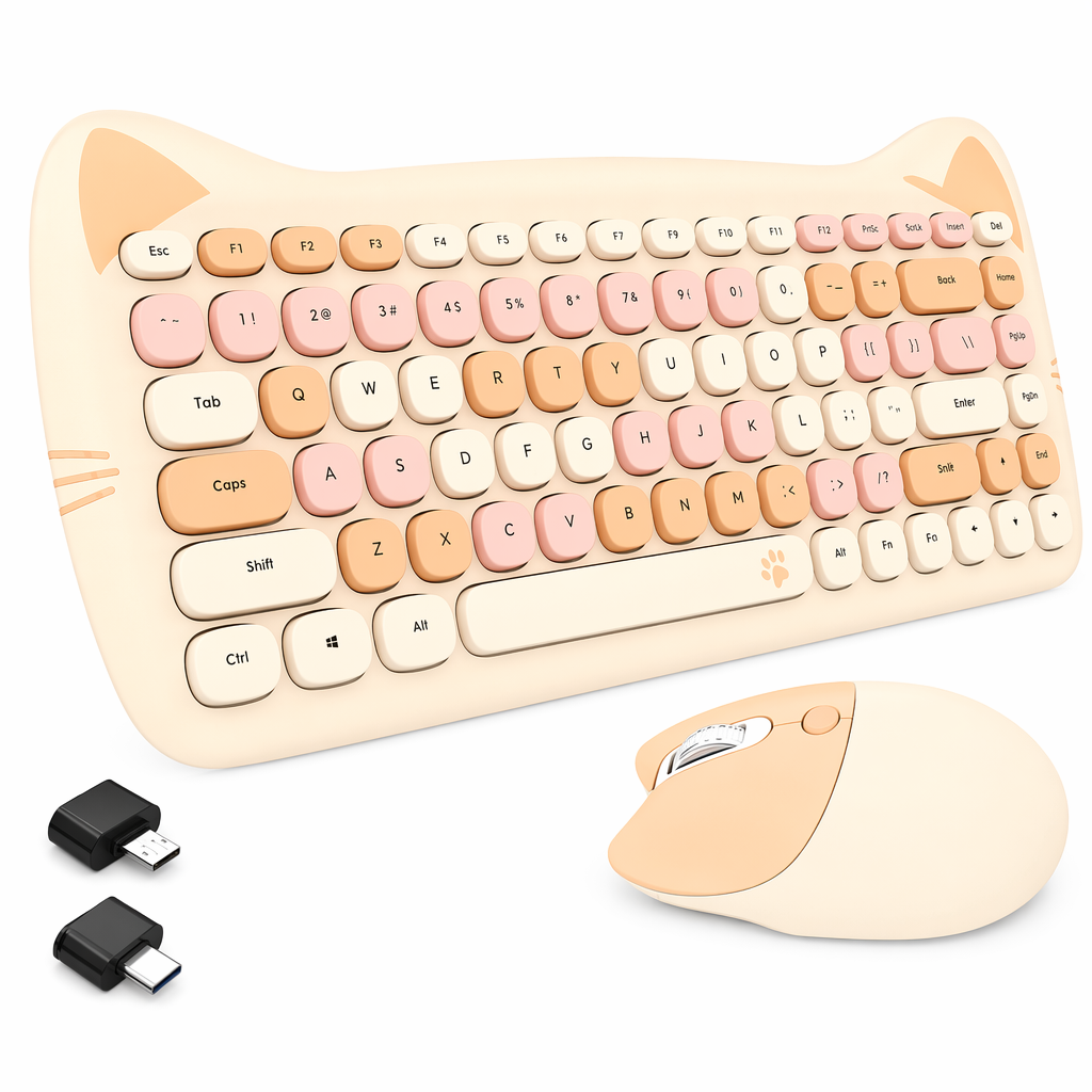 Wireless Keyboard and Mouse Kit with Feline Design Yellow