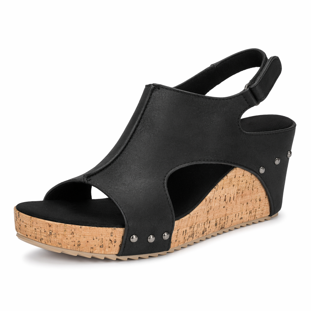 Vegan Cork Wedge Sandals for Women Black