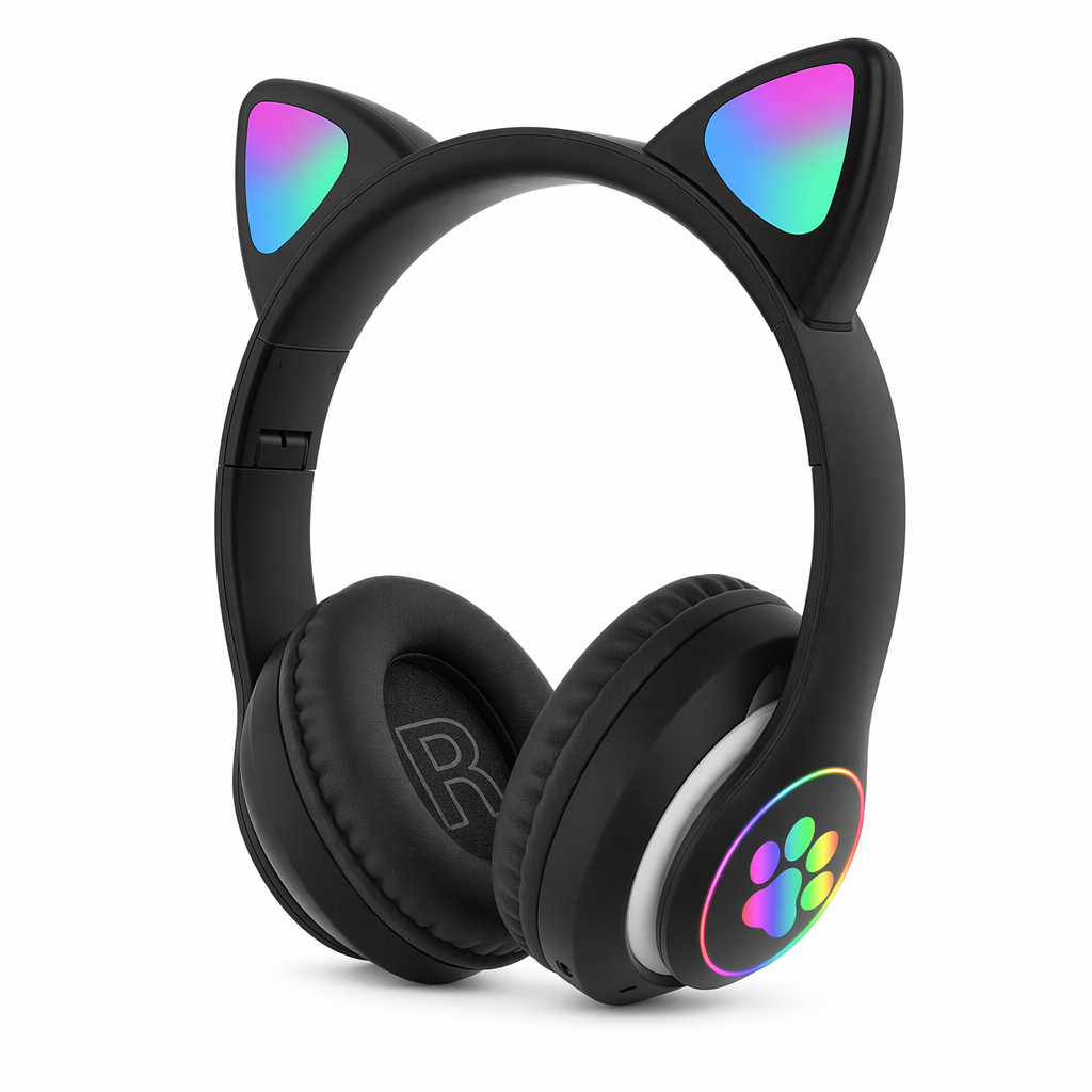 LED Feline Ear Wireless Headphones with Cartoon Design Black