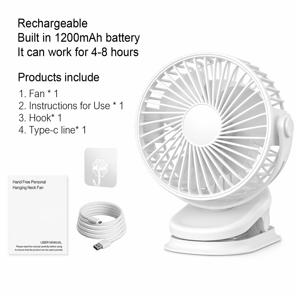Clip and Hook Rotable Fan with 3 Adjustable Speeds White