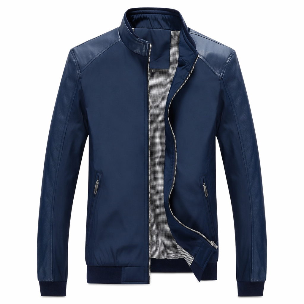 Stand Collar Bomber Motorcycle Jacket for Men Blue