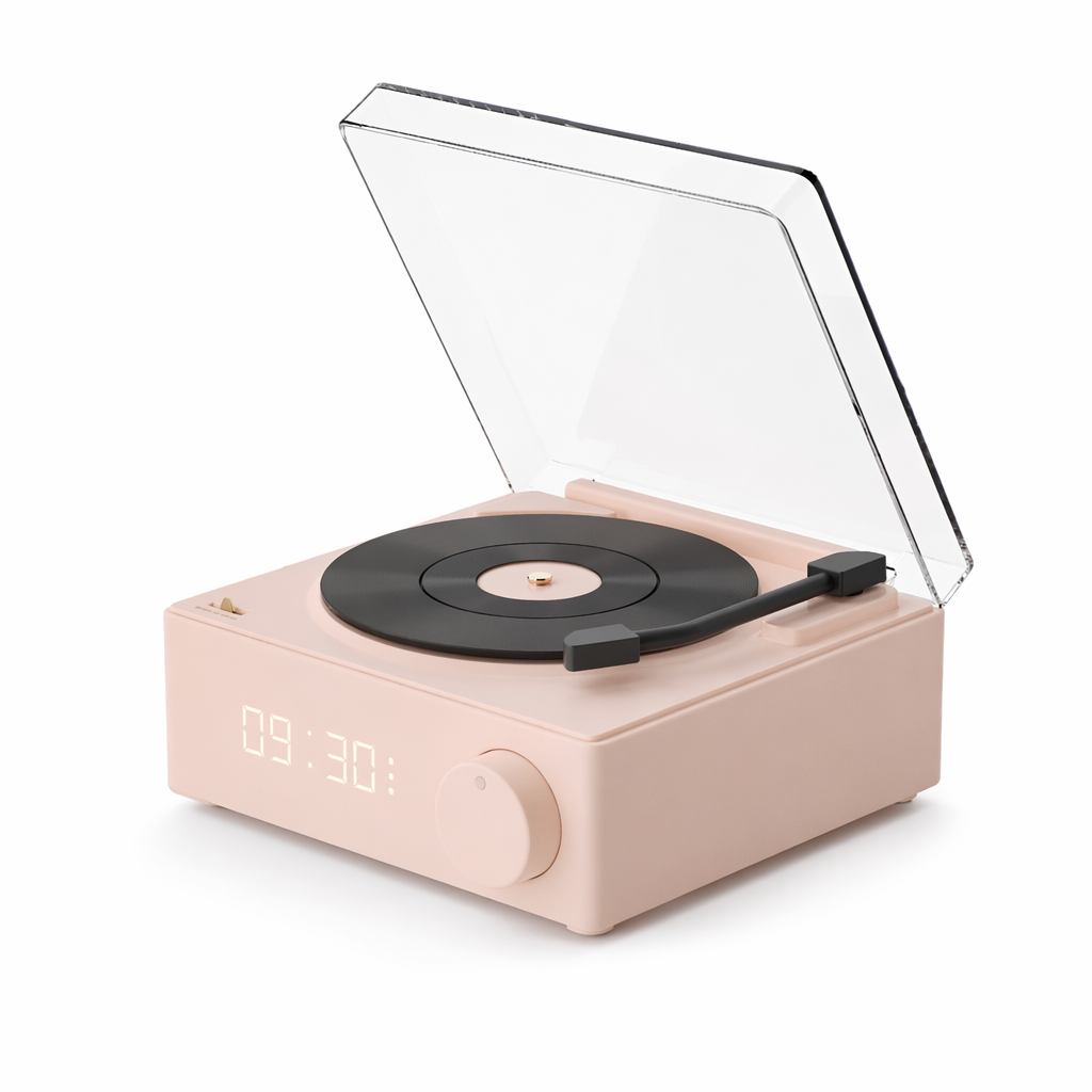 Retro Bluetooth Turntable Speaker with Alarm Clock Functionality Pink