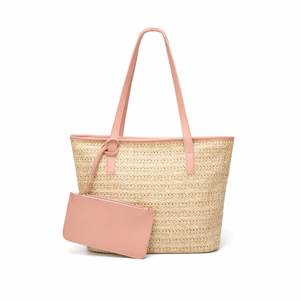 Straw Tote with Faux Leather Accents Pink