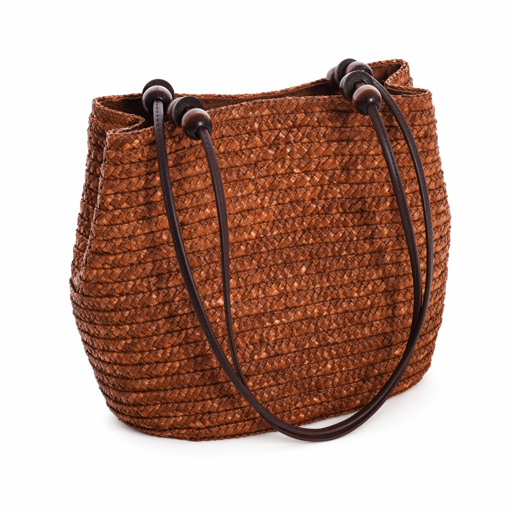 Wooden Beaded Straw Handbag Brown