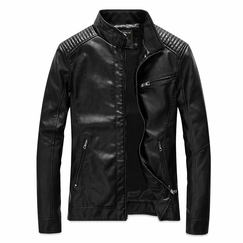 Motorcycle Vegan Leather Jacket with Stand Collar for Men Black
