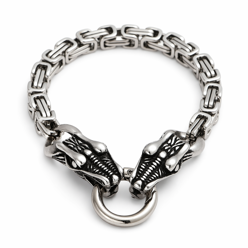 Double Bracelet with Twin Wolf Heads Snake