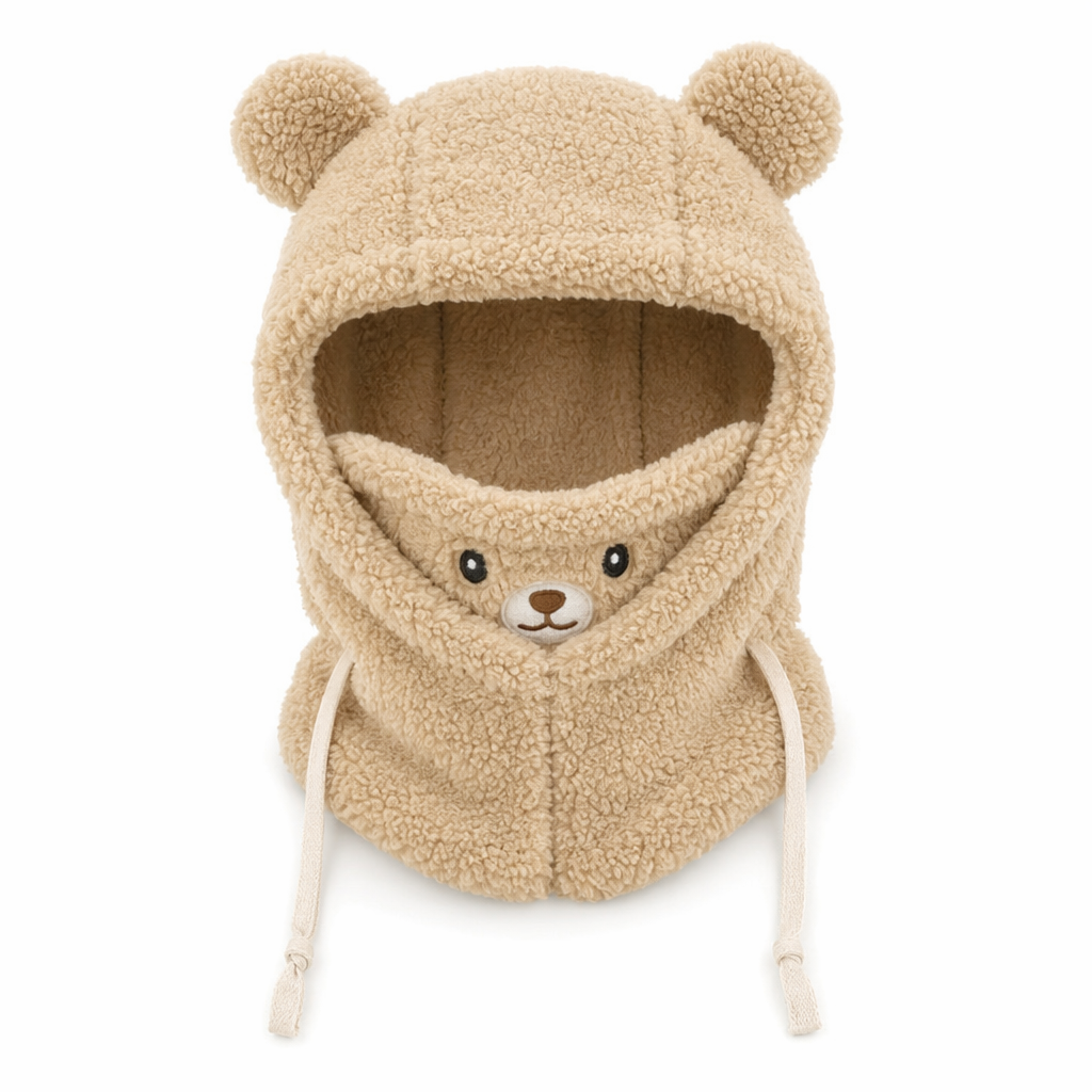 Cartoon Hat with Scarf Attachment for Cold Weather Beige