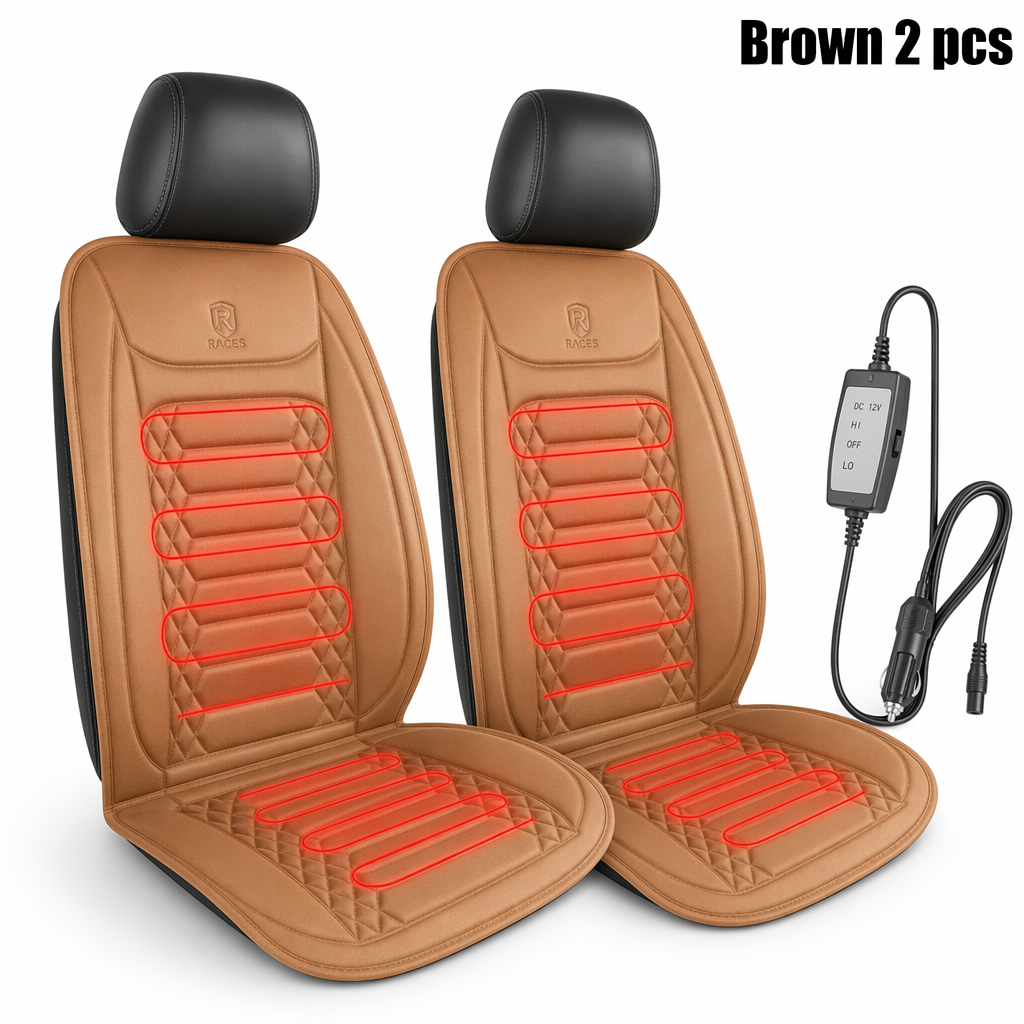 12V Set of 2 Heated Mats for Winter Car Seats Brown