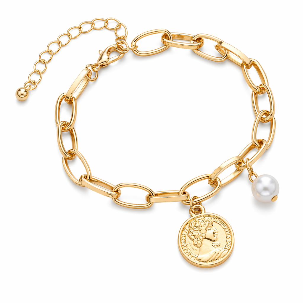 Pearl-adorned Oval Chain Bracelet with Coin Pendant for Women Default