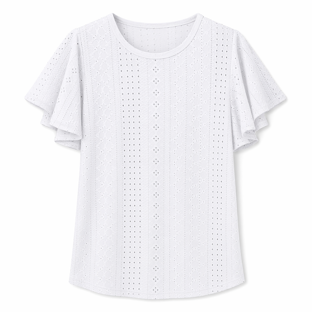Ruffled Round Neck Top for Women with Cap Sleeves White