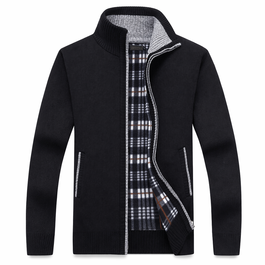 Slim Fit Zipper Cardigan for Men with Stand-Up Collar Black