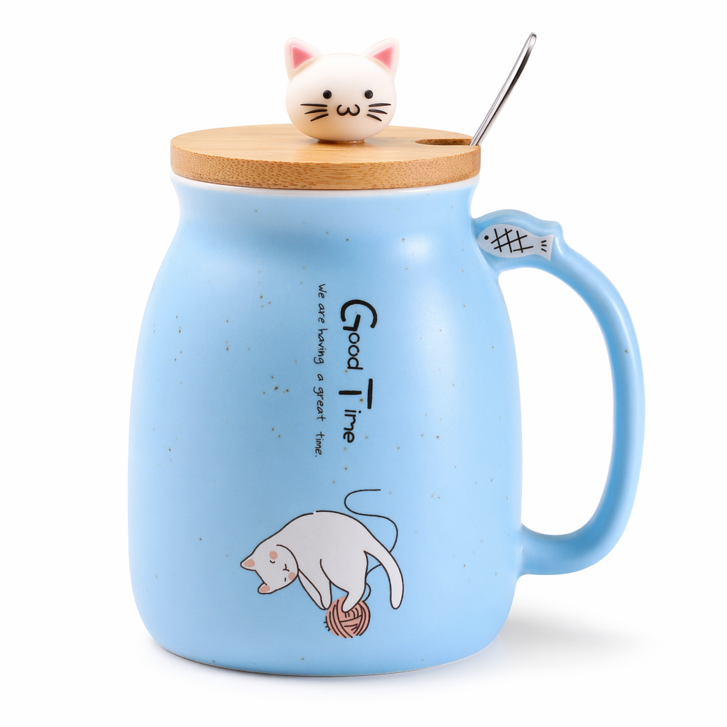 Cute Cartoon Cat Ceramic Coffee Mug Blue