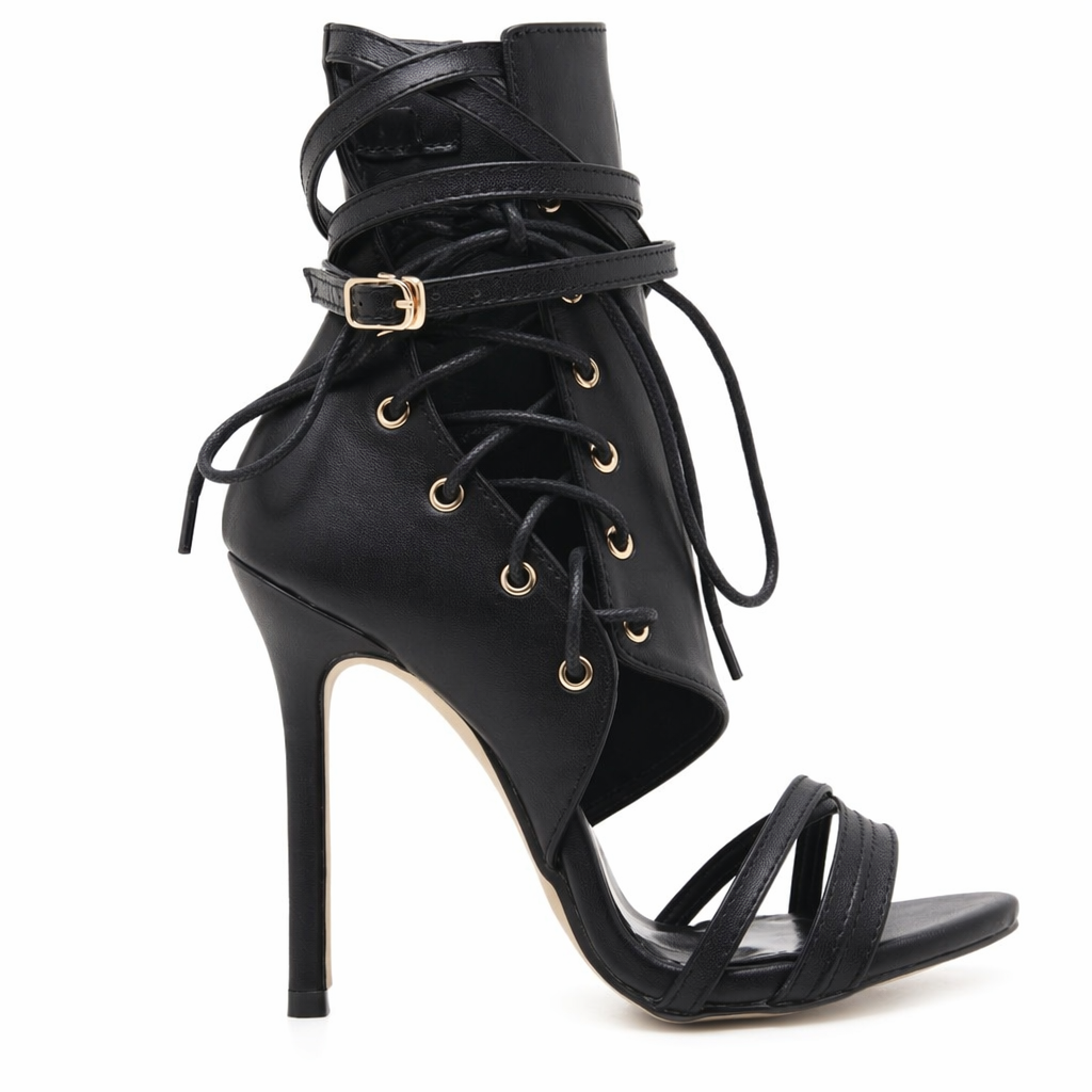 High Heel Sandals with Laces Black