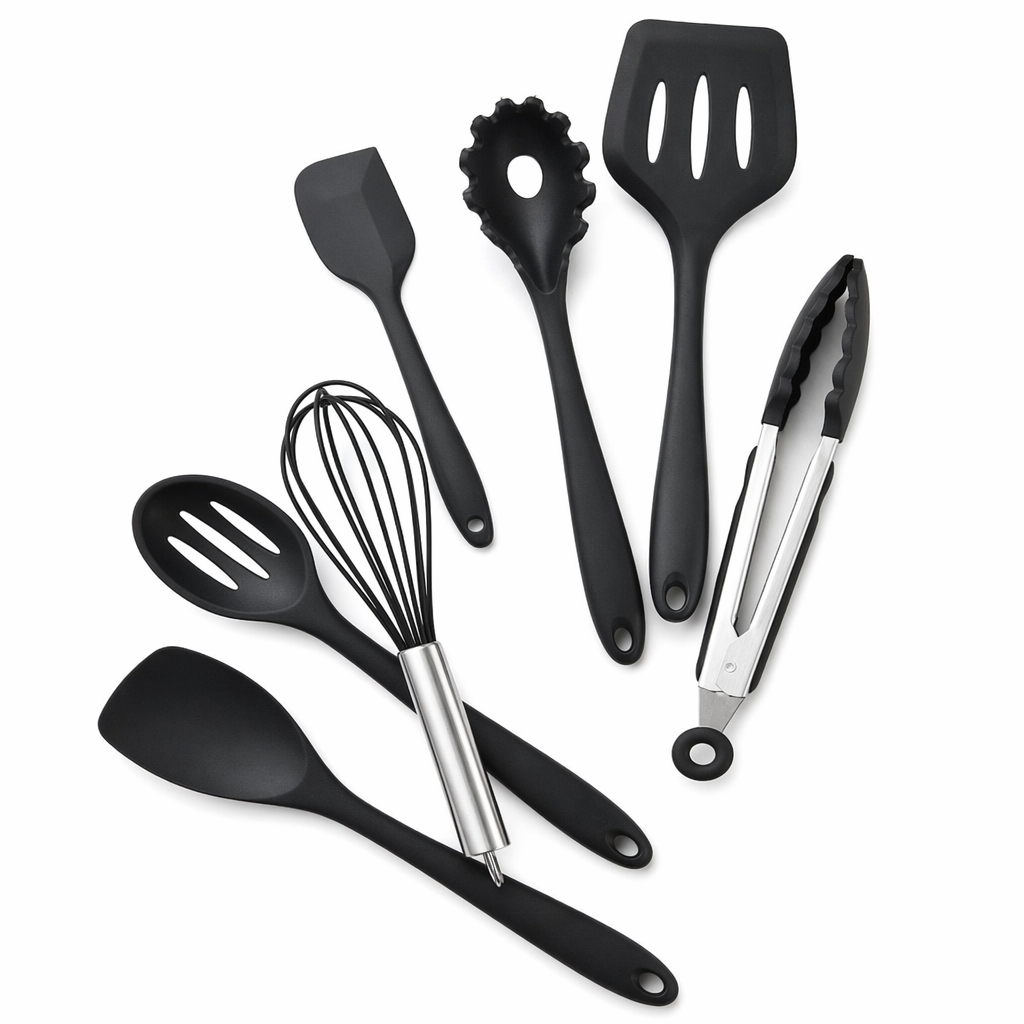 Premium Set of 10 Heat Resistant Non-Stick Silicone Cooking Utensils Black