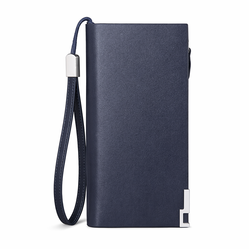Leather Long Wallet for Men's Business Attire Blue