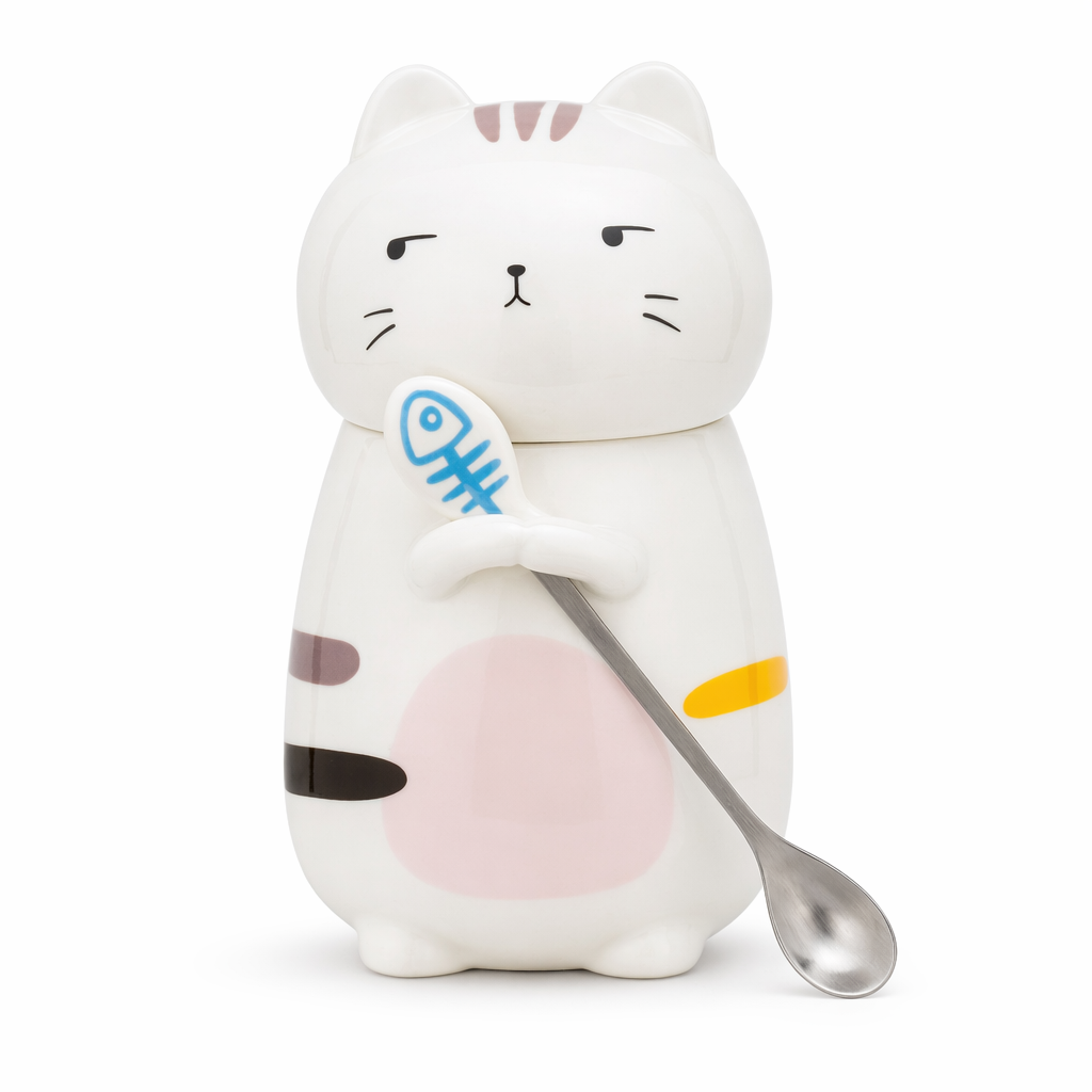 3D Feline Mug Set with Matching Spoon Pink