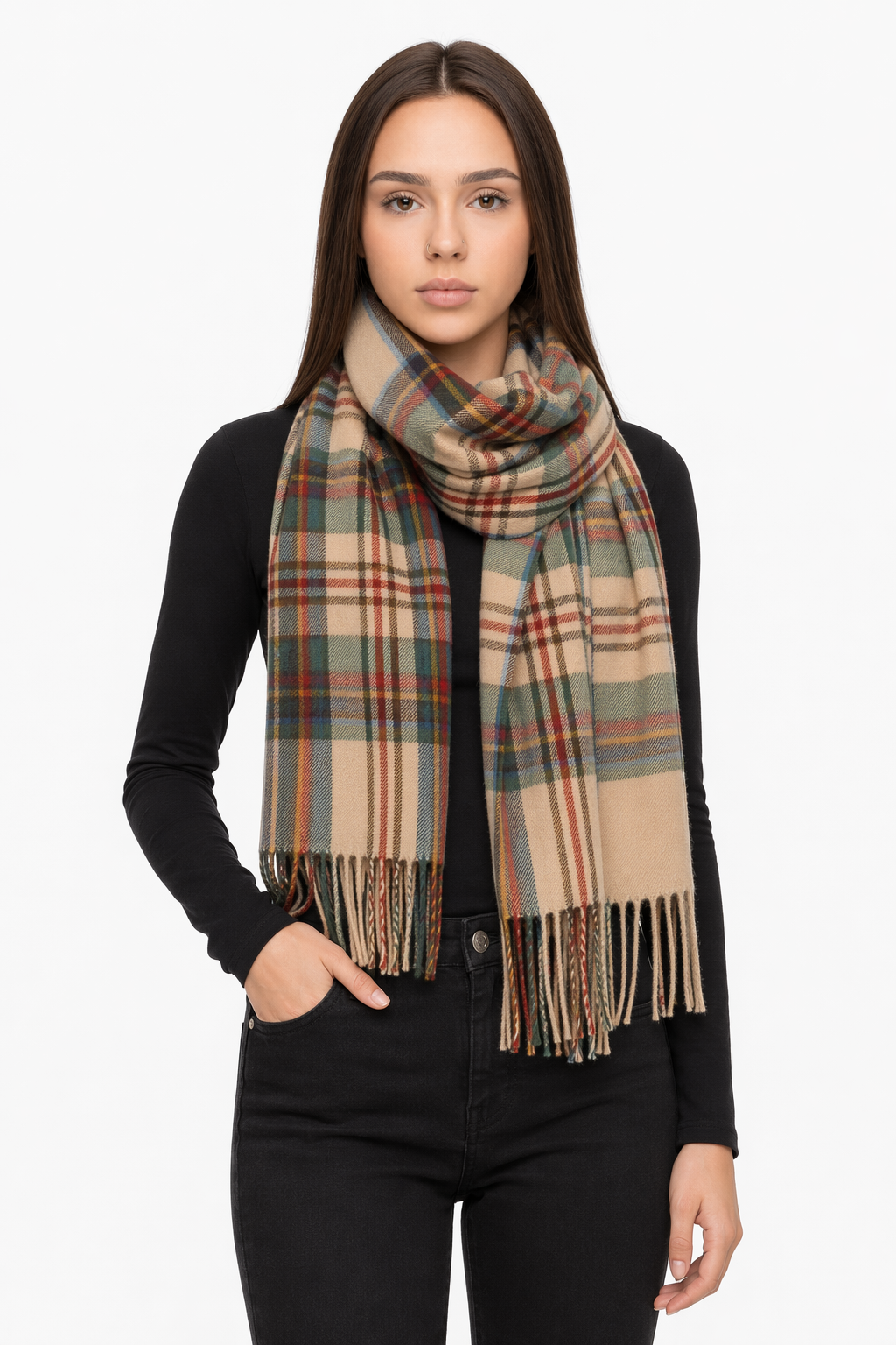 Traditional Plaid Gift Wrap Scarf Beige