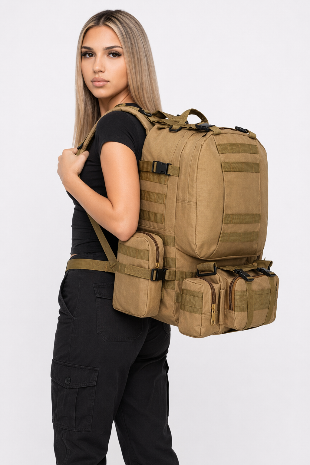 Outdoor Military Backpack - 50L, Resistant to Water Tan