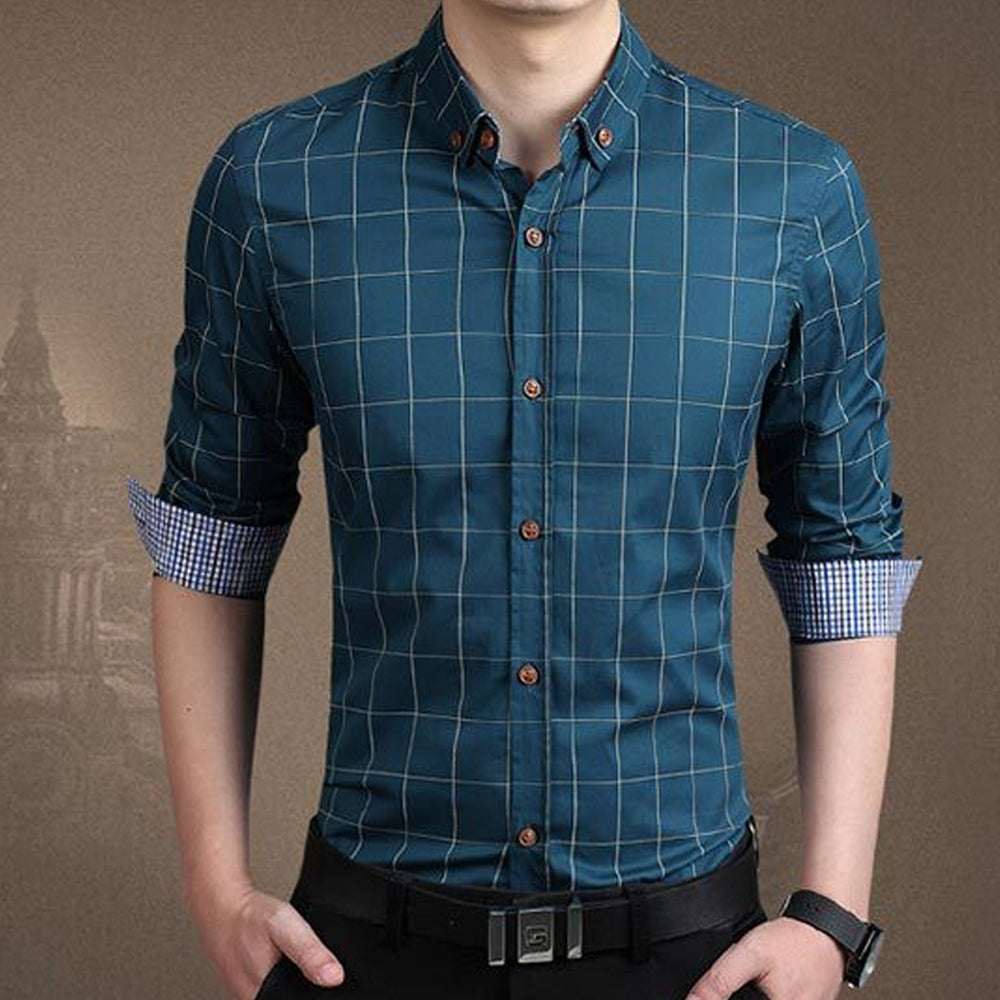 Navy Blue Checkered Button-Up Men's Shirt