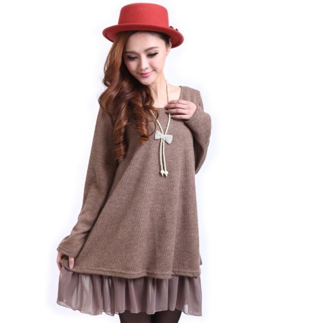 Navy Blue Layered Sweater Tunic Dress with Ruffle Detail for Women