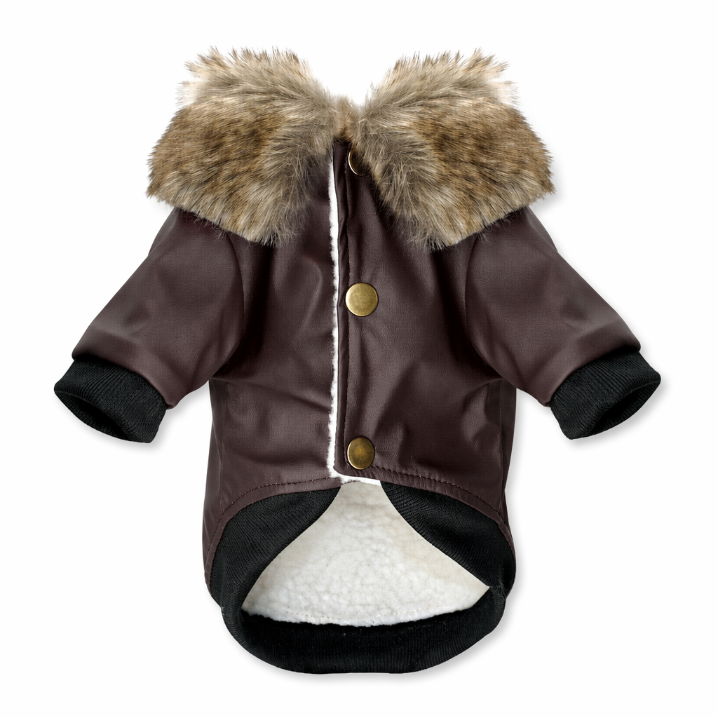 Water-Resistant Faux Leather Canine Jacket with Faux Fur Collar Brown