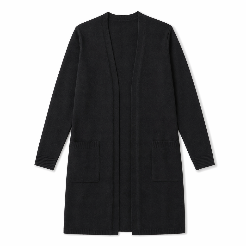 Knitted Open Cardigan for Women - Medium Length Black
