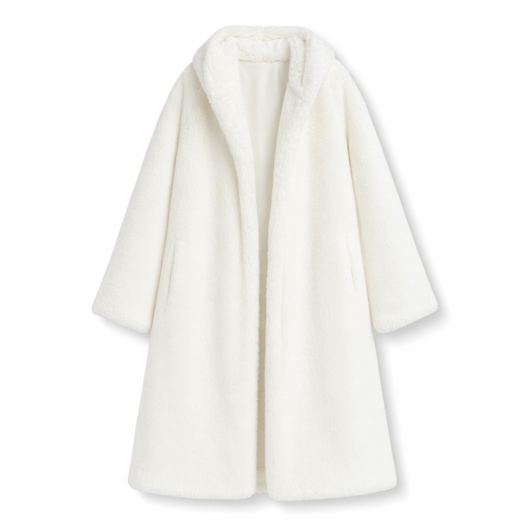 Faux Fur Coat for Women with Hood and Pockets White