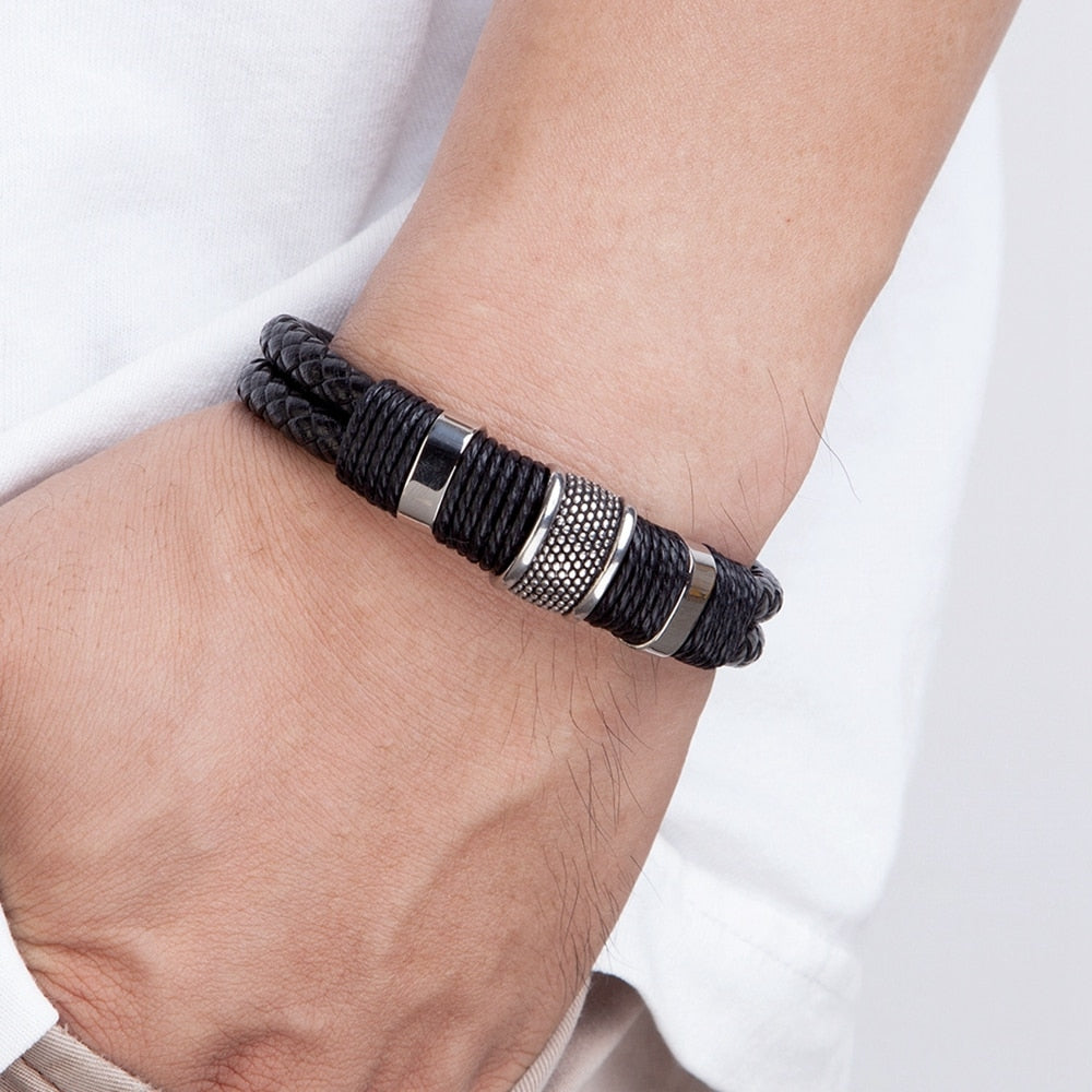 Stainless Steel Accented Vegan Leather Wristband