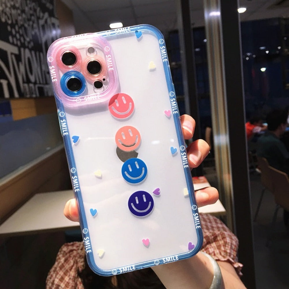Happy Smile Cartoon Splash Paint iPhone Case: transparent, turquoise blue smiley face theme, playful cartoon kawaii style