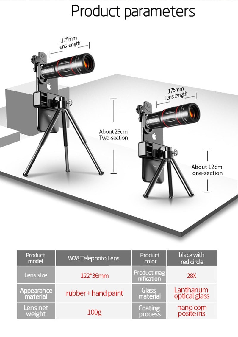 Dragon Bluetooth Telescope Lens Kit with 28X Ultra HD Zoom and Tripod Compatibility
